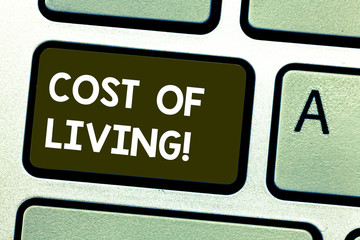 Handwriting text writing Cost Of Living. Concept meaning The level of prices relating to a range of everyday items Keyboard key Intention to create computer message pressing keypad idea