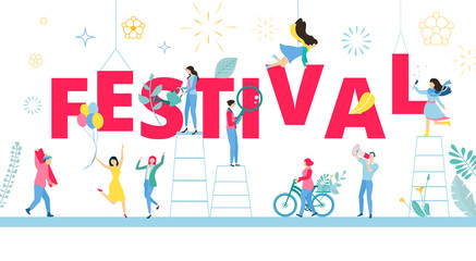 White poster with happy people organizing festival.