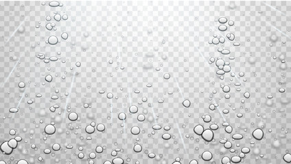 Transparent water background with sunshine and realistic bubbles or drops.