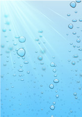 Blue water background with sunshine and realistic bubbles or drops.