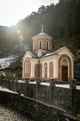 Fototapeta premium Small church by the forest and river. Highlands in Bele Vode village in Serbia. 