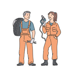 car mechanic woman and man in professional jumpsuit. Vector people illustration in line art style on white background.