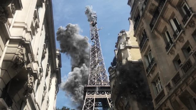 Paris Eiffel tower under attack Powerful Video Compositing simulates real video footage with visual effects elements of Paris Eiffel tower Destroyed after attack with smoke debris and Helicopter 