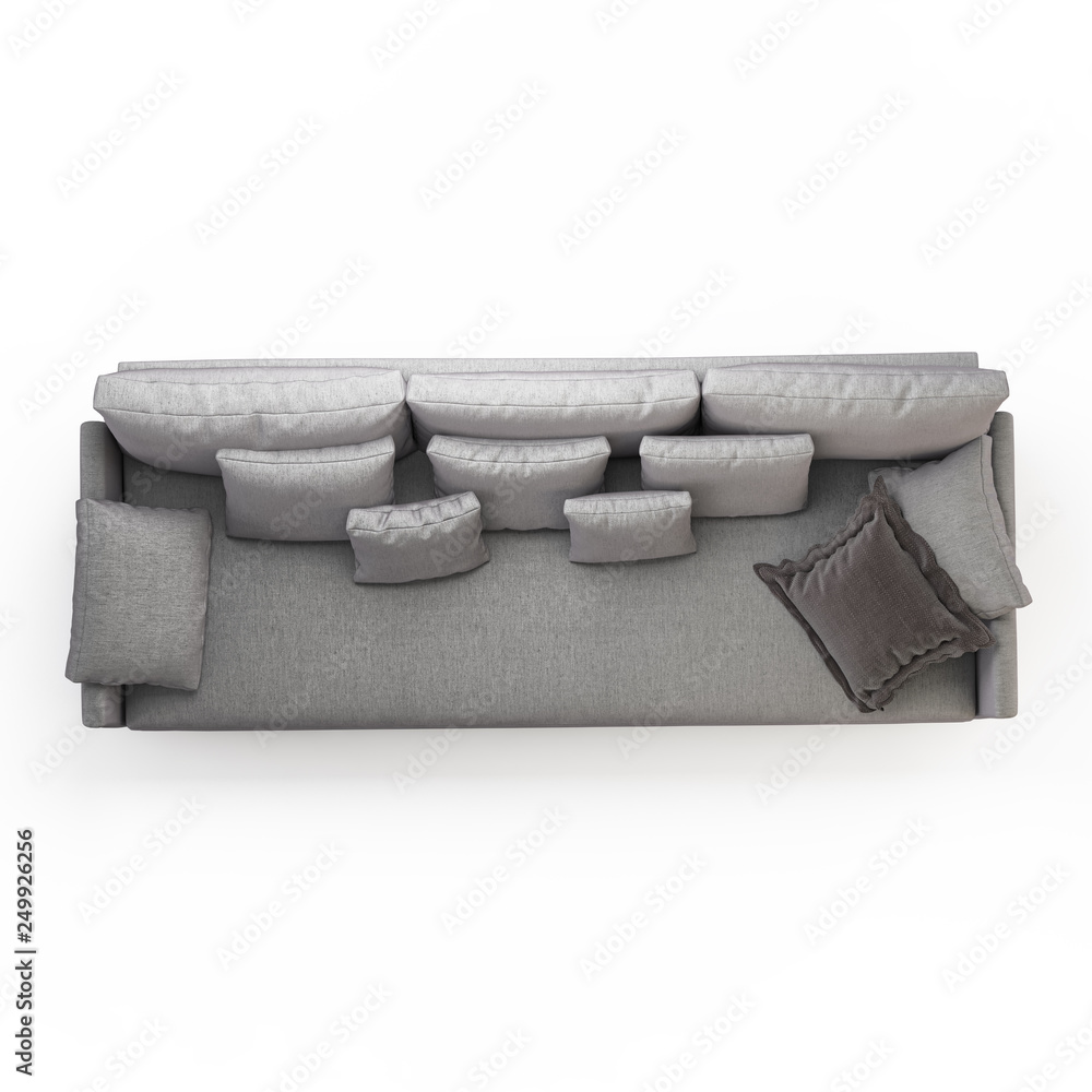 Aufkleber three-seater sofa with pillows on a white background top view 3d rendering