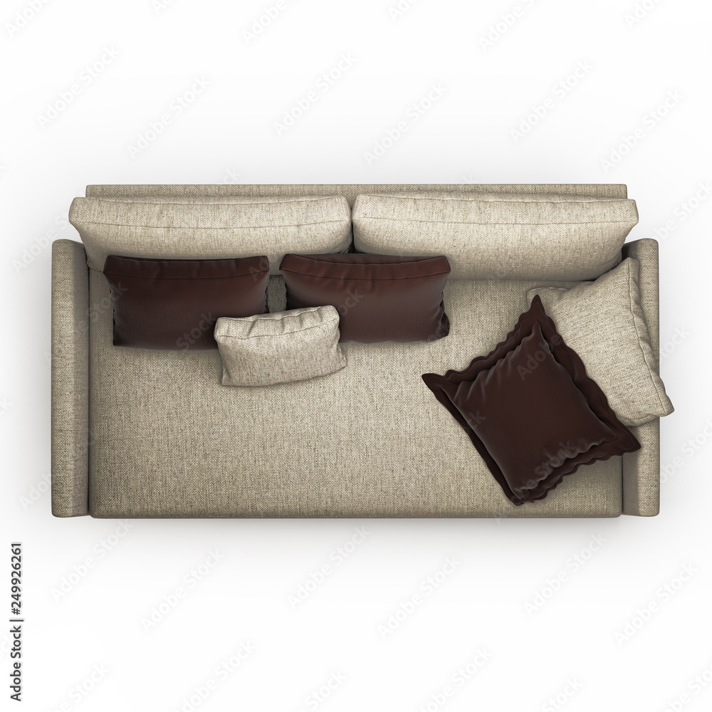 Poster two-seater sofa with pillows on a white background top view 3d rendering