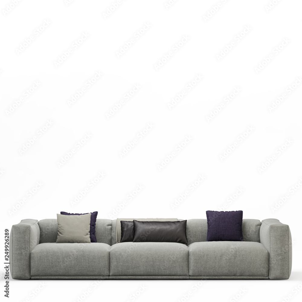 Poster three-seater sofa with pillows on a white background front view 3d rendering