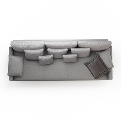 Three-seater sofa with pillows on a white background top view 3d rendering