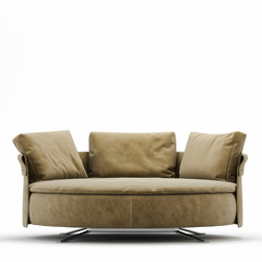 Round bed with pillows on a white background front view 3d rendering.