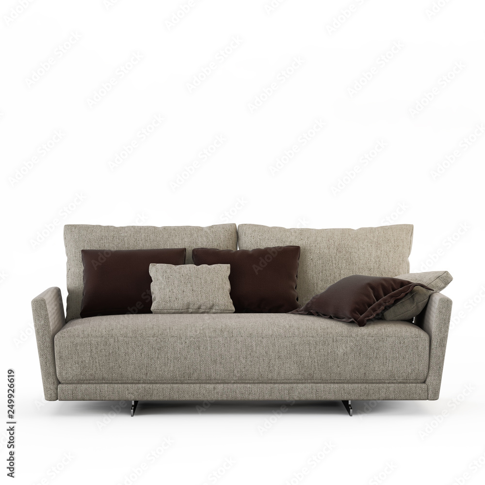 Poster two-seater sofa with pillows on a white background 3d rendering