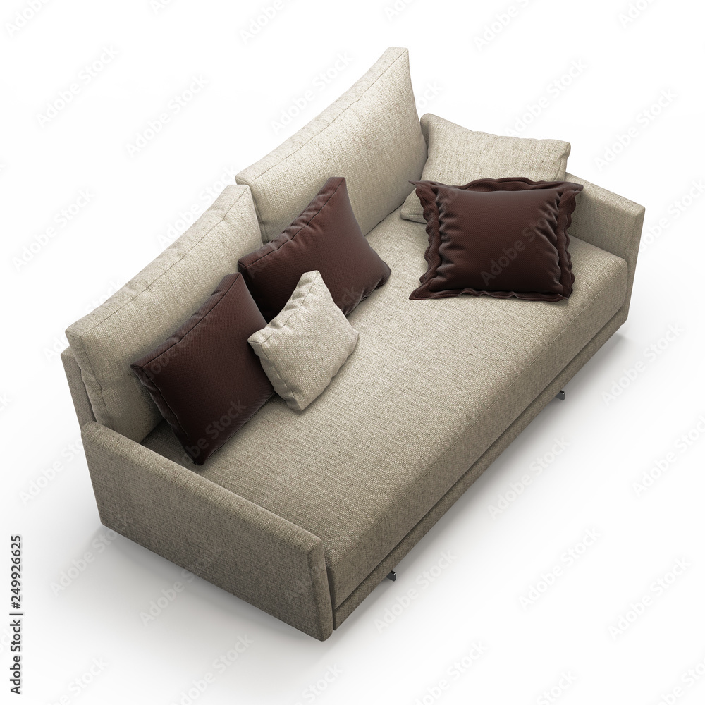 Poster two-seater sofa with pillows on a white background 3d rendering