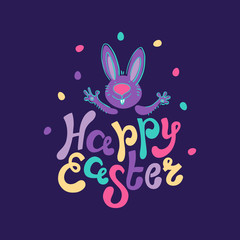 Happy Easter colorful lettering with funny rabbit