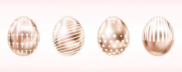 Four glance metallic eggs in pink color wit white cross, dots and stripes. Isolated objects for Easter