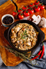 Mushrooms in cream sauce, julienne, champignon, products for cooking