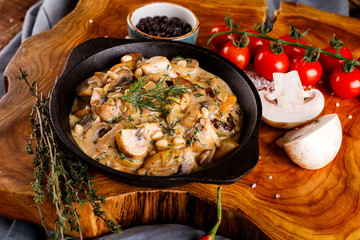 Mushrooms in cream sauce, julienne, champignon, products for cooking