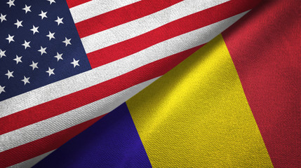 United States and Romania two flags textile cloth, fabric texture