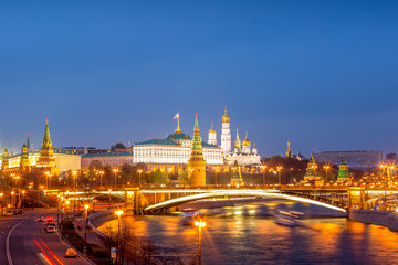 Fototapeta na wymiar View of Kremlin during blue hour twilight sunset in Moscow, Russia. The most famous landmark in Russia.