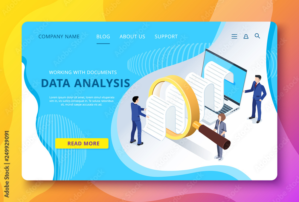 Aufkleber isometric vector image of a landing page, people in business suits study documentation through a mag