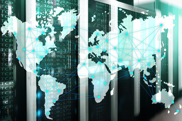 Internet and telecommunication concept with world map on server room background.