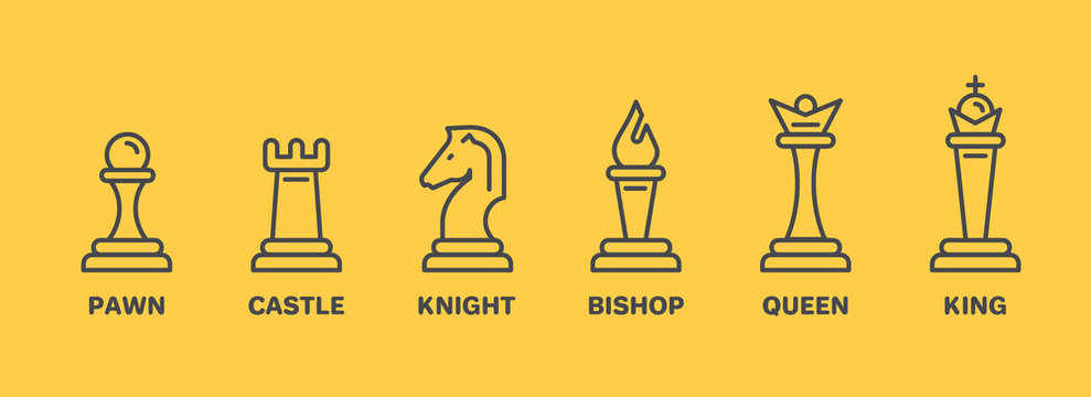 set of linear icons on a yellow background, types of chess pieces