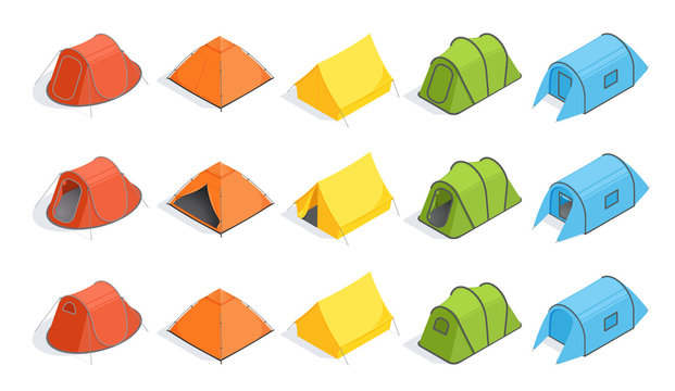 isometric image on white background, types of camping tents, set of images