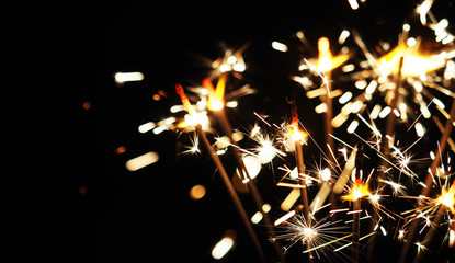 Burning sparkler background, Happy New Year. Firework, panoramic view
