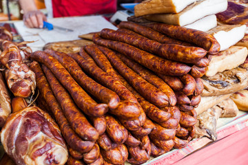 Domestic Traditional Food Smoked Sausage At Local Farmer Marketplace