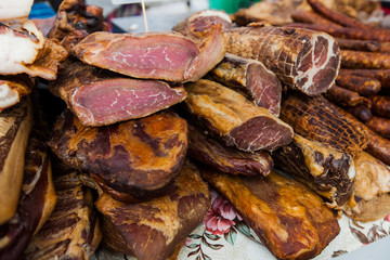 Domestic Traditional Food Smoked Meat At Local Farmers Marketplace
