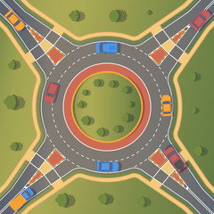 Roundabout road with car. Crossing of highways by type of ring intersection. - obrazy, fototapety, plakaty