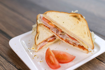 Sandwich with meat and tomatoes on white plate. Breakfast, lunch concept