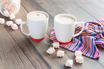 Hot drink in cups. Coffee latte cappucino and cacao with chocolate and marshmallows. Photo fot menu