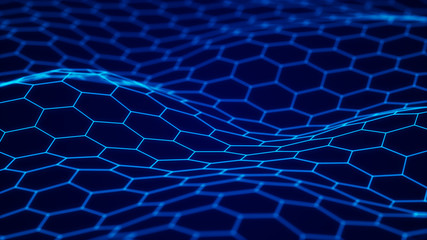 Data technology background. Hexagon background. Abstract background. Connecting dots and lines on dark background. 3D rendering. 4k.