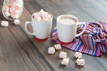 Hot drink in cups. Coffee latte cappucino and cacao with chocolate and marshmallows. Photo fot menu