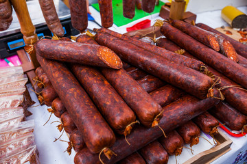 Domestic Traditional Food Smoked Sausage At Local Farmer Marketplace