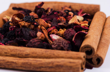 Tea leaves with cinnamon sticks