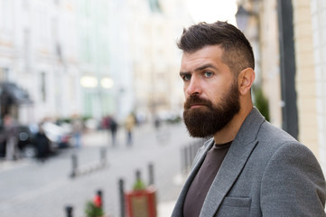 Office worker. Bearded man going to work. Hipster in business style on street. Business man in modern city. Professional businessman leading busy lifestyle. The beginning of working day