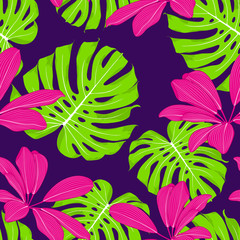 Fototapeta na wymiar Abstract seamless tropical purple pattern with monstera leaves.