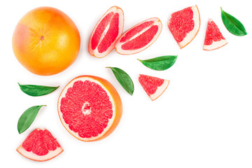 Grapefruit and slices with leaves isolated on white background with copy space for your text. Top view. Flat lay pattern