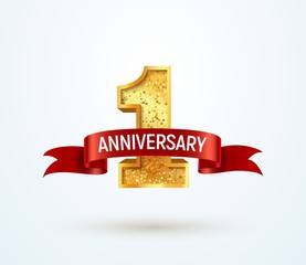 1 year anniversary vector isolated design element . First jubilee with red ribbon on white background