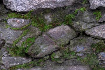 Stonework texture with moss for design. Photo of gray stone wall with moss for banner and design. Textures for Designs