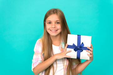 Pleasant surprise. Happy birthday concept. Girl kid hold birthday gift box. Every kid dream about such surprise. Birthday girl carry present. Making gifts. Birthday wish list. Happiness and joy