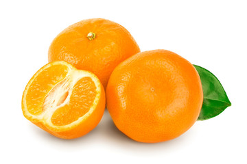 tangerine or mandarin fruit with leaves isolated on white background