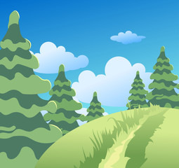 Spring or summer landscape with green meadows, clouds, trees, river and blue sky. Vector cartoon image of nature.