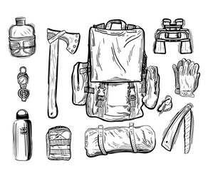 Equipment for trekking, isolated on vector illustration.