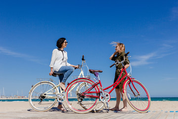 Fototapeta na wymiar Two friends on the beach with bicycles