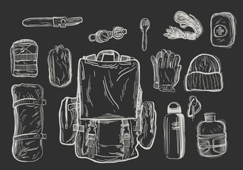Equipment for trekking, isolated on vector illustration.