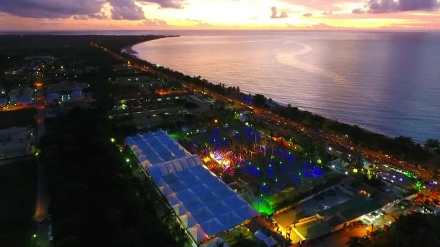 Aerial view of sky dawn on carnival of Porto Seguro beach in Bahia, Brazil. Great beach scene. Travel destination. Carnaporto, Axe Moi festival.
