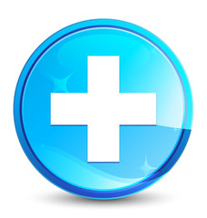 Plus icon splash natural blue round button