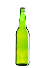 Light beer in green glass bottle with closed cap without bubbles. isolated