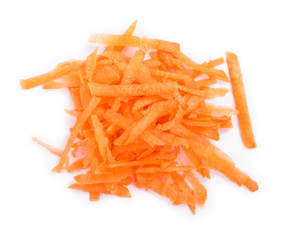 fresh shredded carrots isolated on white background, Top view. Flat lay