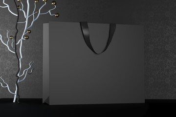 Premium black shopping bags mock-up, package for purchases on a black background. Black paper shopping bag with golden handles mock up. Luxury paper bags, 3d rendering.